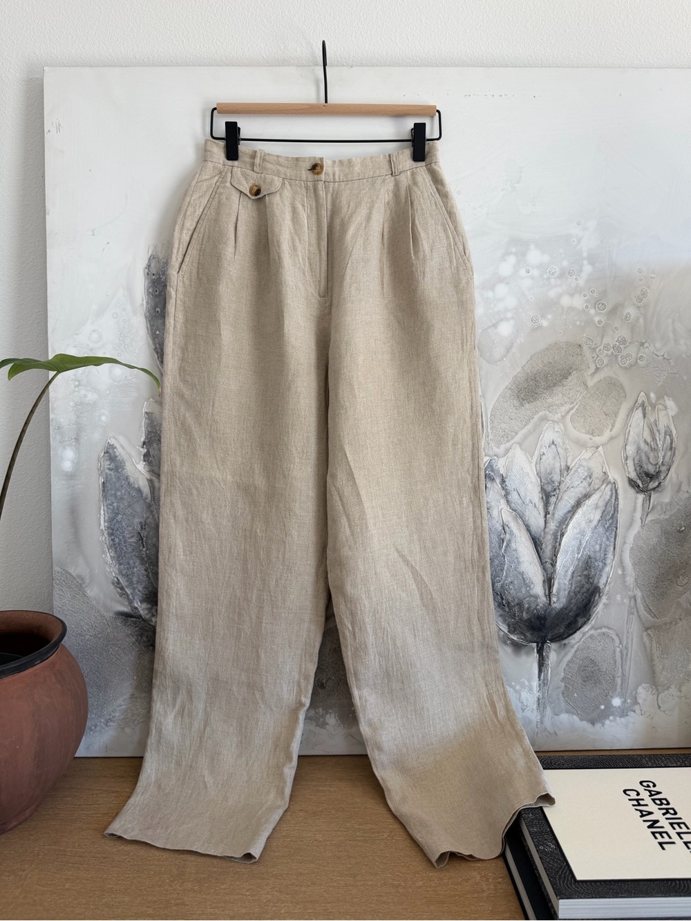 Orvis Beige Wide-Leg Linen Trousers
